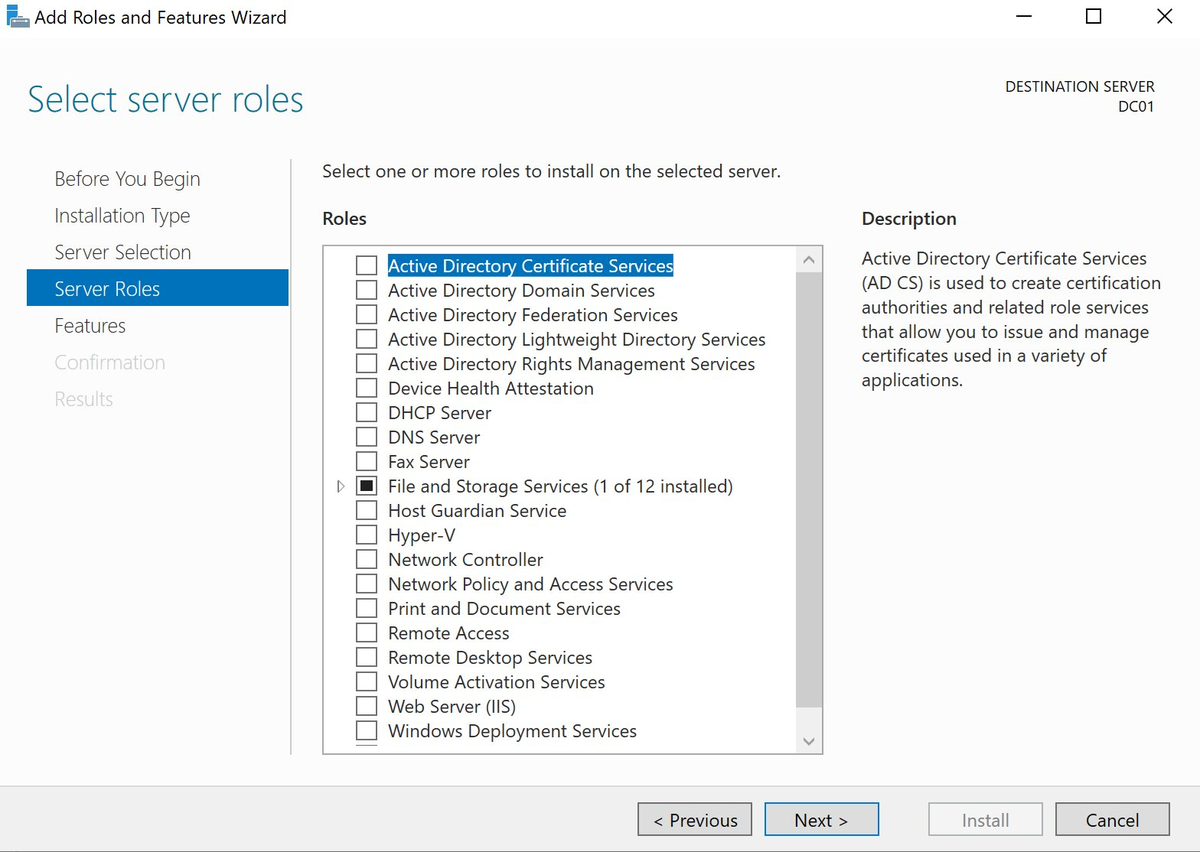 Server Roles — AD DS selecteren